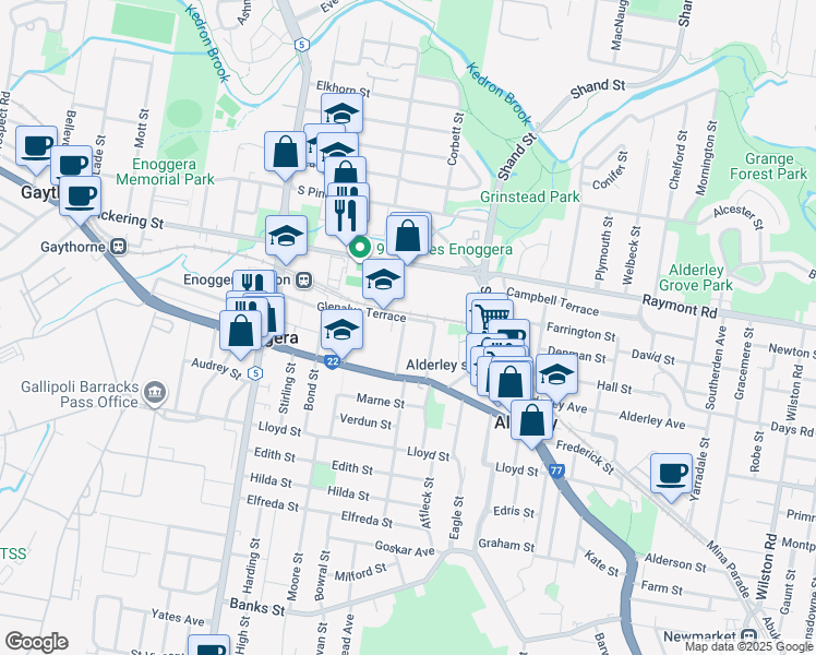 map of restaurants, bars, coffee shops, grocery stores, and more near 18 Glenalva Terrace in Alderley