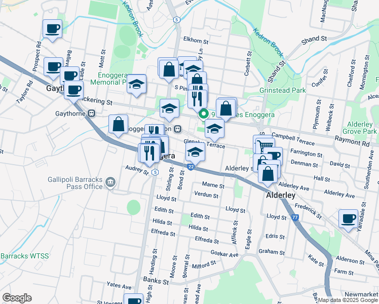 map of restaurants, bars, coffee shops, grocery stores, and more near 21 Pratt Street in Enoggera
