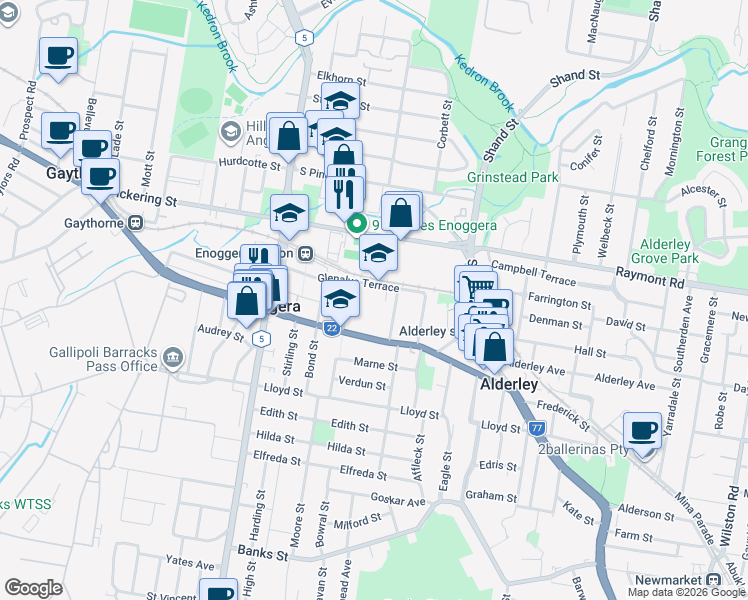 map of restaurants, bars, coffee shops, grocery stores, and more near 38 Glenalva Terrace in Enoggera