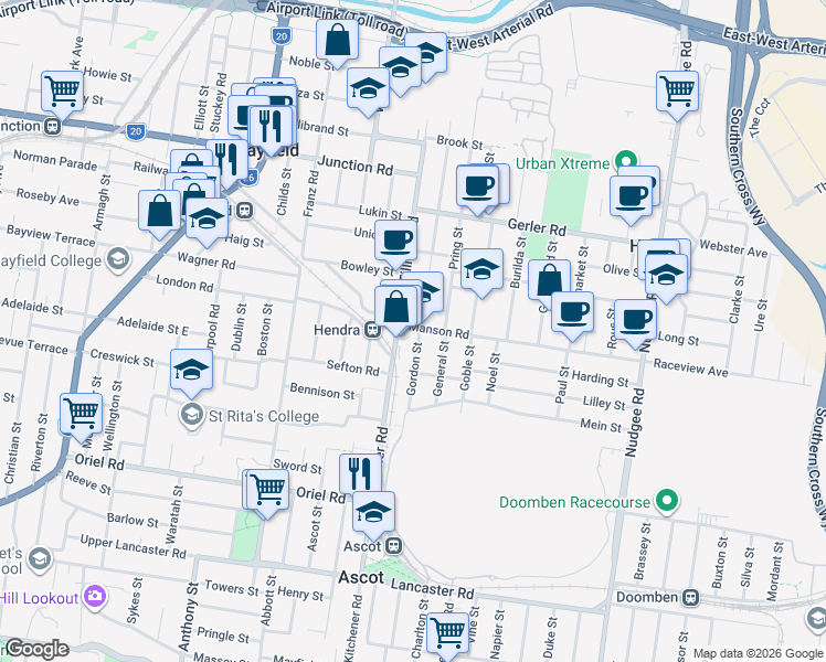 map of restaurants, bars, coffee shops, grocery stores, and more near 1 Gordon Street in Hendra