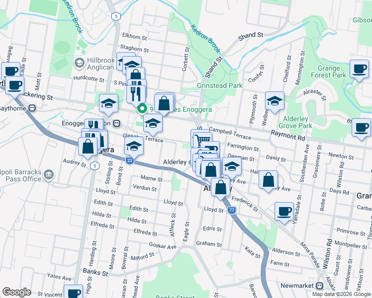 map of restaurants, bars, coffee shops, grocery stores, and more near 24 Bermingham Street in Alderley