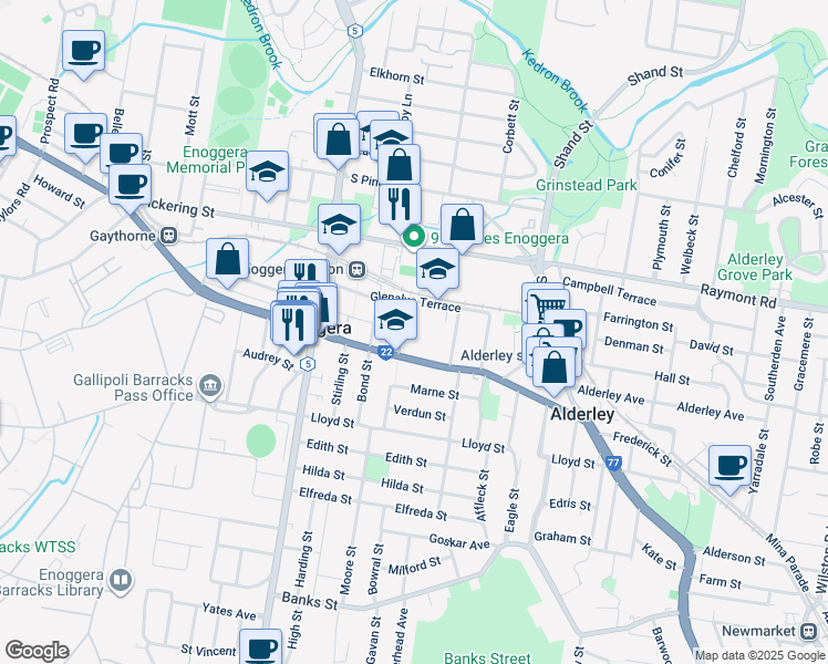 map of restaurants, bars, coffee shops, grocery stores, and more near 19 Hawthorne Street in Enoggera