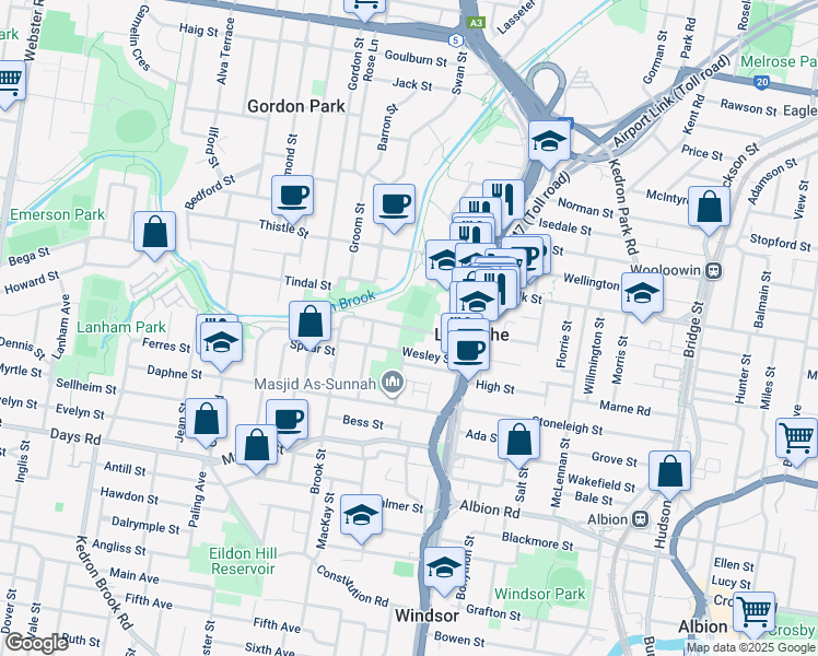 map of restaurants, bars, coffee shops, grocery stores, and more near Swinburne Street in Lutwyche
