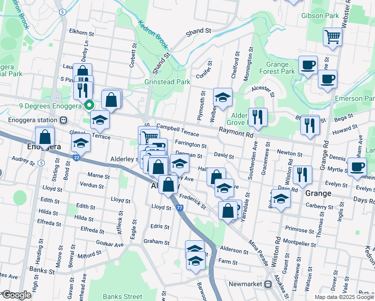 map of restaurants, bars, coffee shops, grocery stores, and more near 29 Denman Street in Alderley