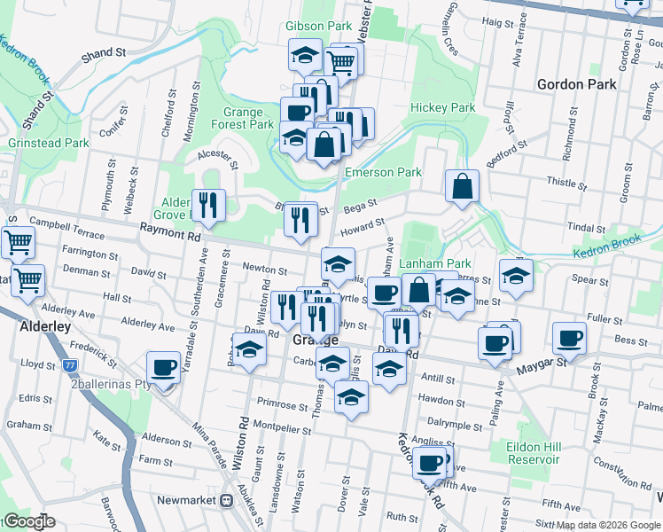 map of restaurants, bars, coffee shops, grocery stores, and more near 63 Grange Road in Grange