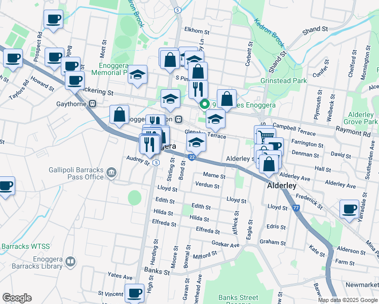 map of restaurants, bars, coffee shops, grocery stores, and more near 149 Samford Road in Enoggera