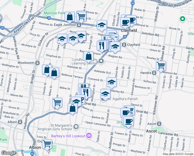 map of restaurants, bars, coffee shops, grocery stores, and more near 34 Creswick Street in Clayfield