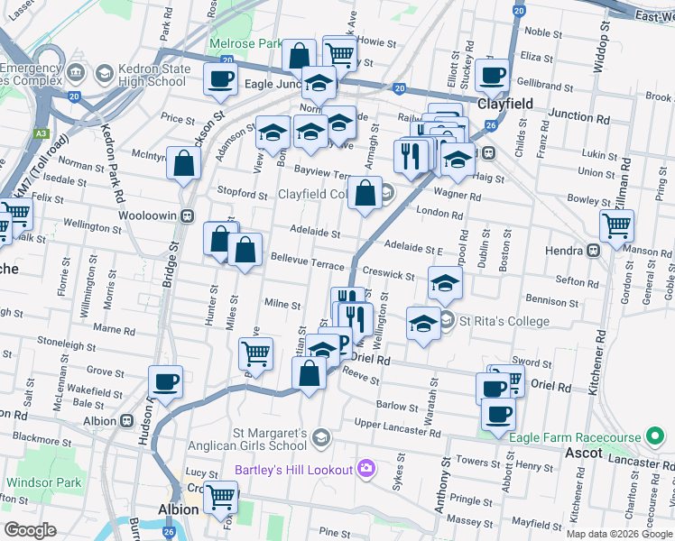 map of restaurants, bars, coffee shops, grocery stores, and more near 93 Riverton Street in Clayfield