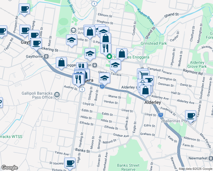 map of restaurants, bars, coffee shops, grocery stores, and more near 5 Hawthorne Street in Enoggera