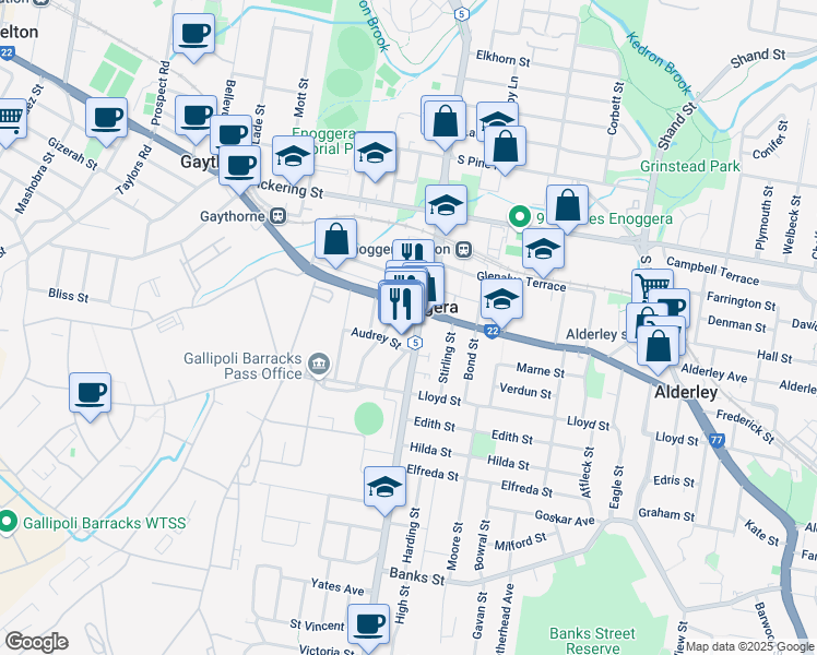map of restaurants, bars, coffee shops, grocery stores, and more near 318 Wardell Street in Enoggera