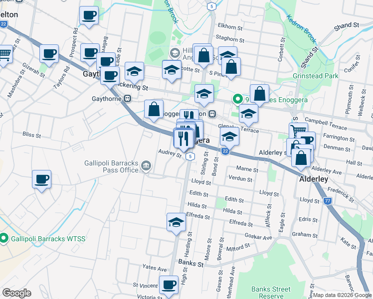 map of restaurants, bars, coffee shops, grocery stores, and more near 318 Wardell Street in Enoggera
