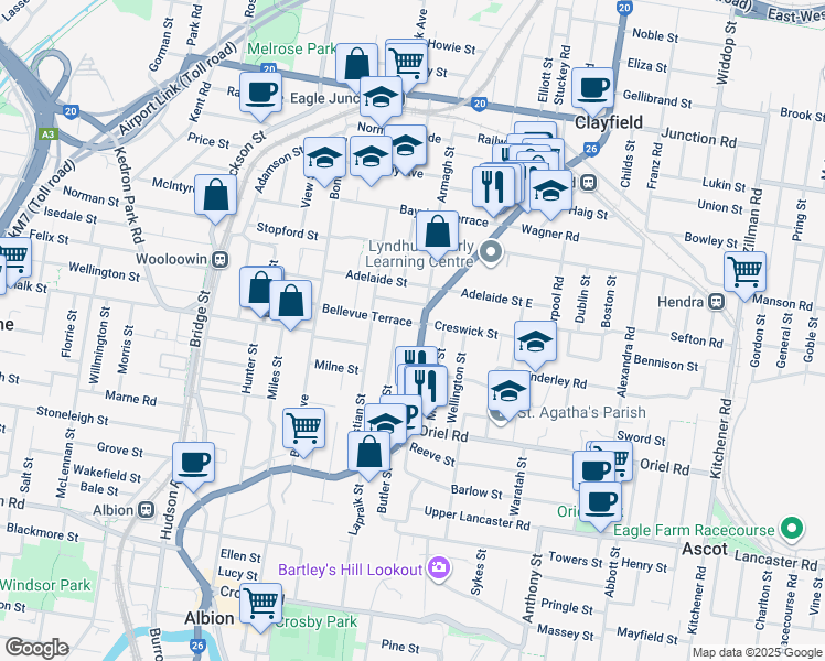 map of restaurants, bars, coffee shops, grocery stores, and more near 592 Sandgate Road in Clayfield