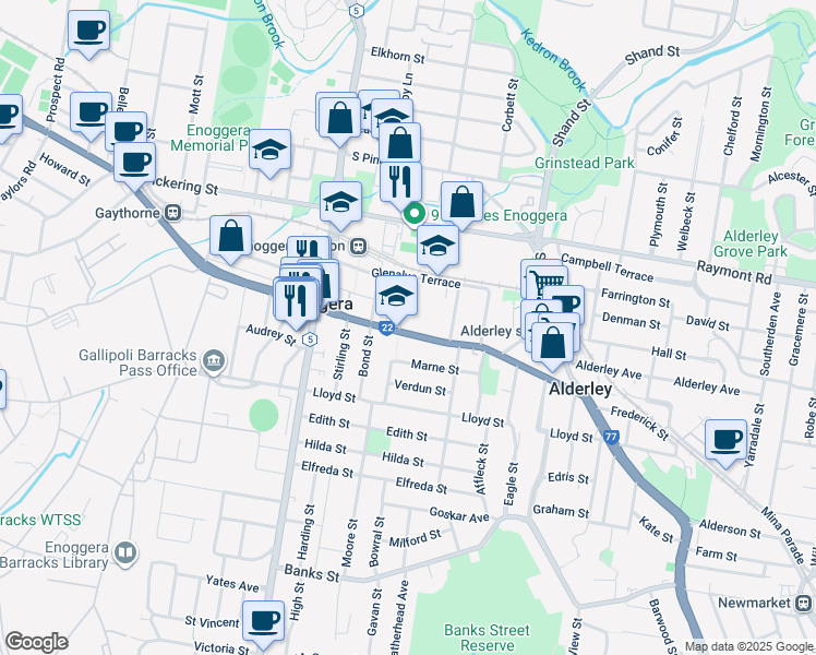 map of restaurants, bars, coffee shops, grocery stores, and more near 133 Samford Road in Enoggera