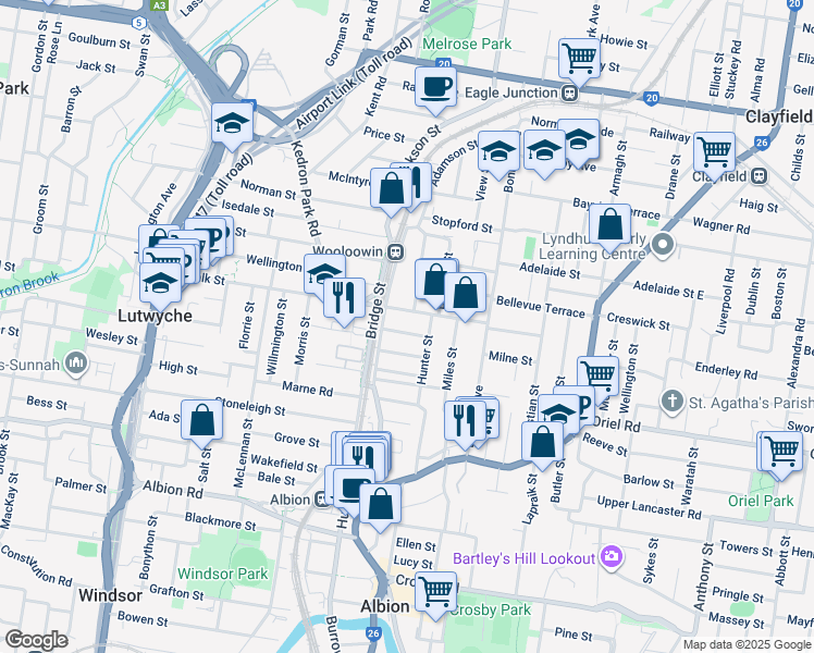 map of restaurants, bars, coffee shops, grocery stores, and more near 20 Blake Street in Wooloowin