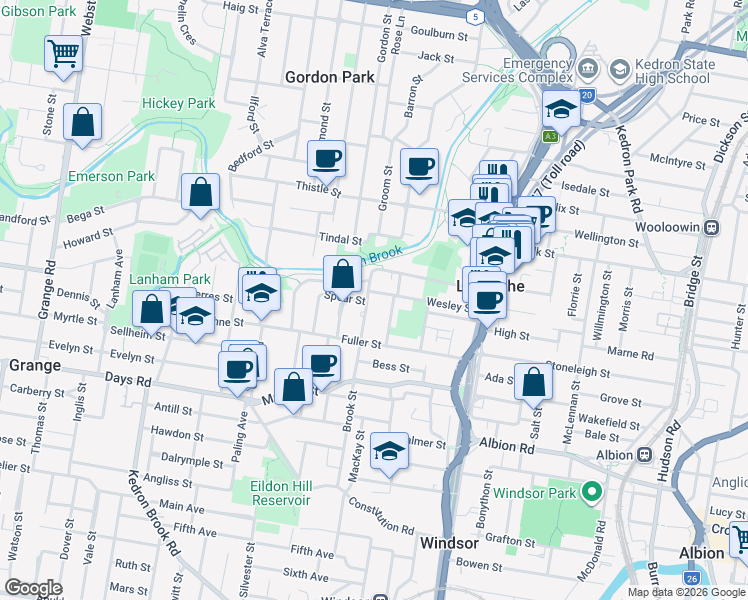 map of restaurants, bars, coffee shops, grocery stores, and more near 133 Brook Street in Lutwyche