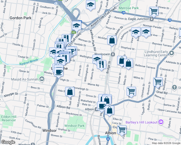 map of restaurants, bars, coffee shops, grocery stores, and more near 29 Morris Street in Wooloowin