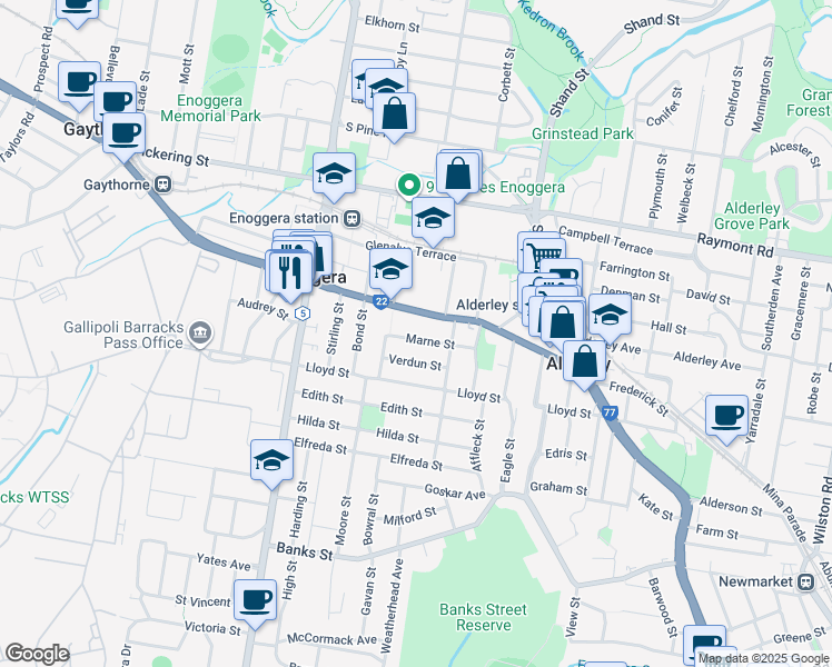 map of restaurants, bars, coffee shops, grocery stores, and more near 41 Marne Street in Alderley