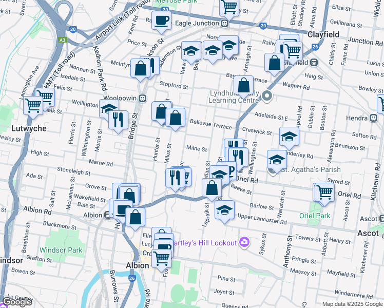 map of restaurants, bars, coffee shops, grocery stores, and more near 15 Milne Street in Clayfield
