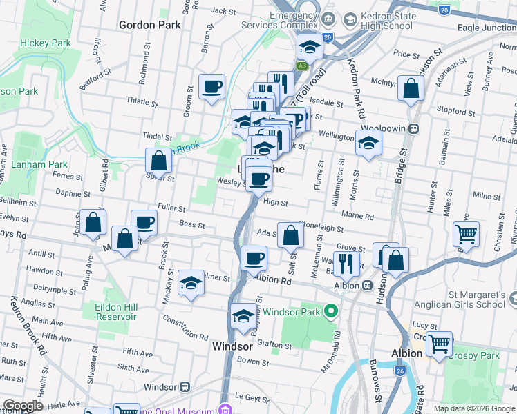 map of restaurants, bars, coffee shops, grocery stores, and more near 431 Lutwyche Road in Lutwyche