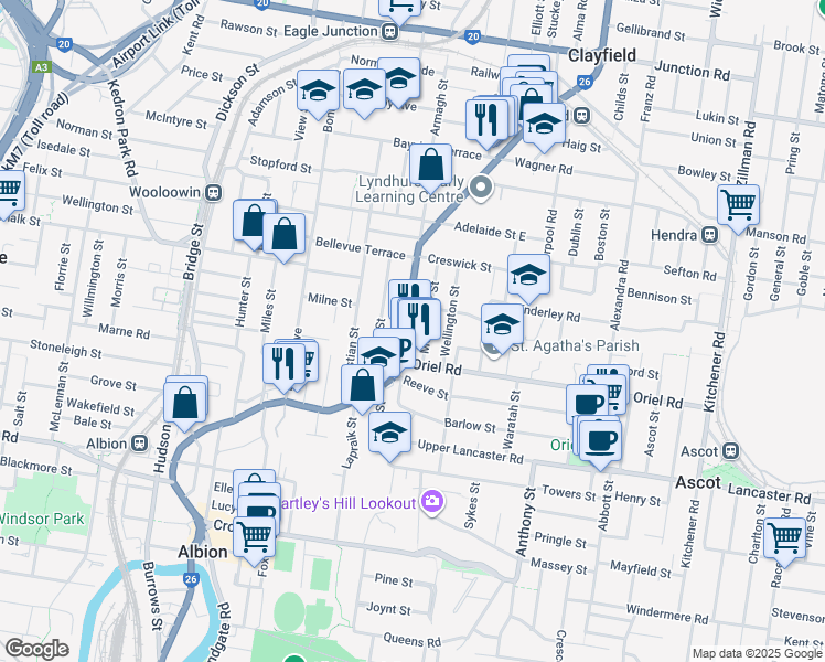 map of restaurants, bars, coffee shops, grocery stores, and more near 541 Sandgate Road in Clayfield