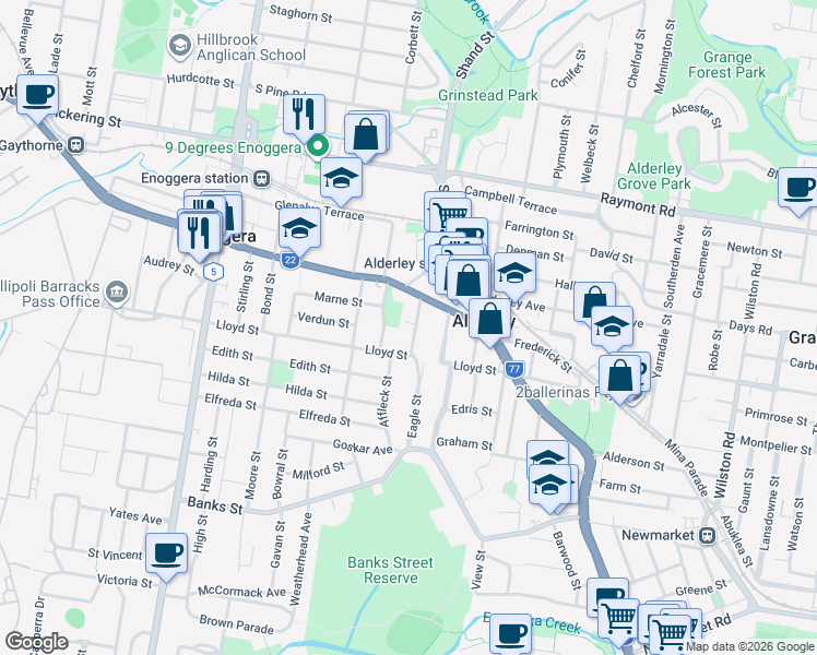 map of restaurants, bars, coffee shops, grocery stores, and more near 20 Musgrave Terrace in Alderley