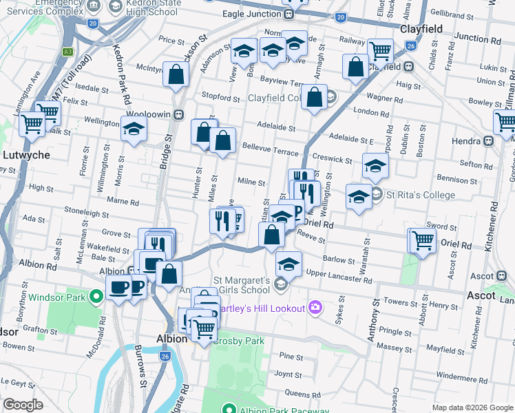 map of restaurants, bars, coffee shops, grocery stores, and more near 26 Rees Avenue in Clayfield