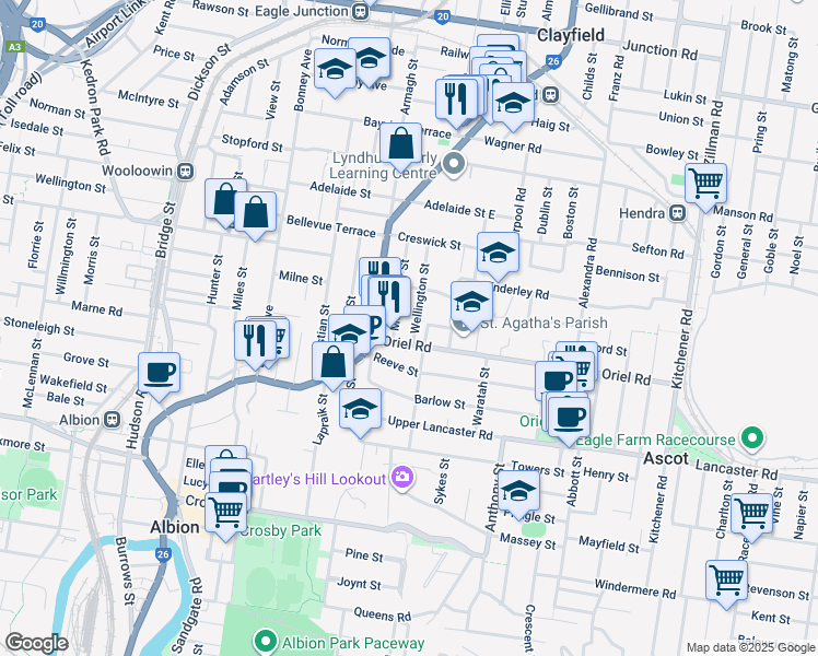 map of restaurants, bars, coffee shops, grocery stores, and more near 10 Wellington Street in Clayfield
