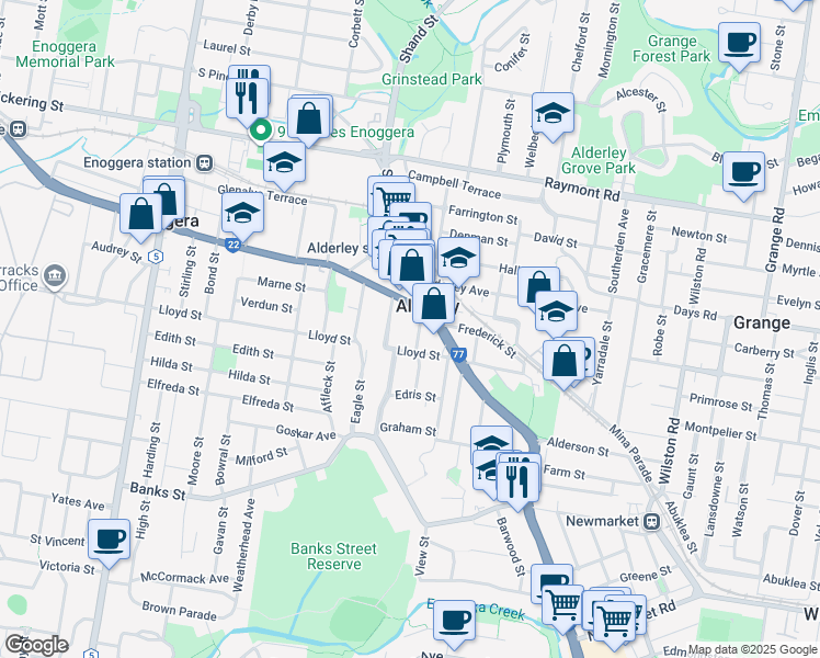 map of restaurants, bars, coffee shops, grocery stores, and more near 38 Elgin Street in Alderley