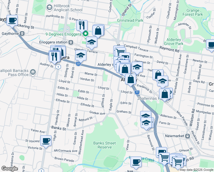 map of restaurants, bars, coffee shops, grocery stores, and more near 77 Lloyd Street in Alderley