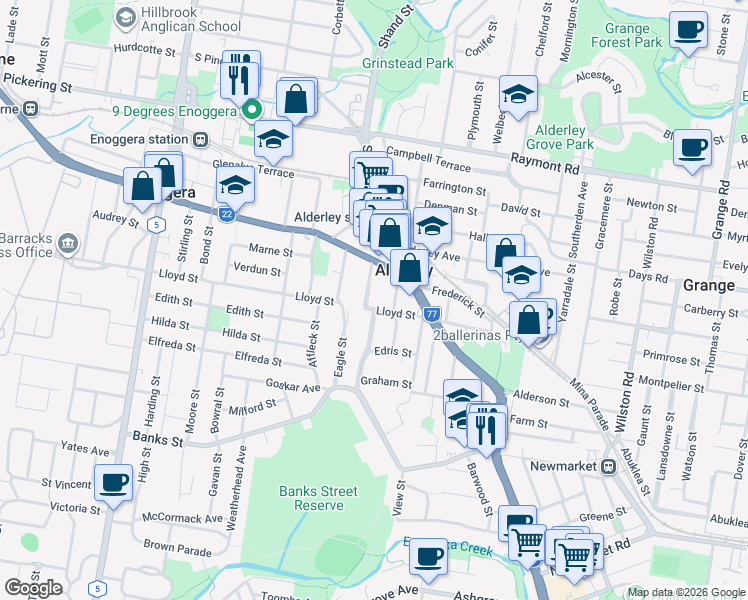 map of restaurants, bars, coffee shops, grocery stores, and more near 7 Lorne Street in Alderley