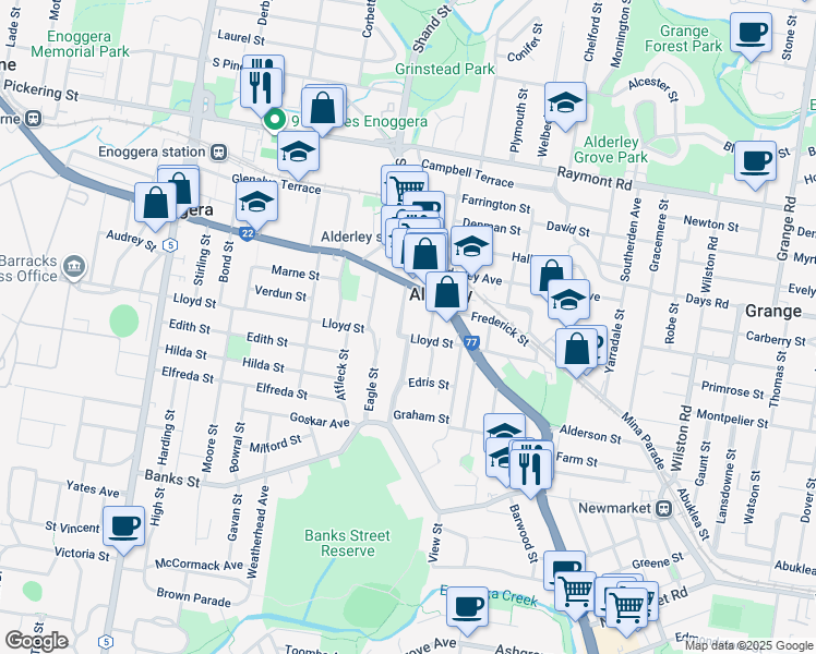 map of restaurants, bars, coffee shops, grocery stores, and more near 7 Lorne Street in Alderley