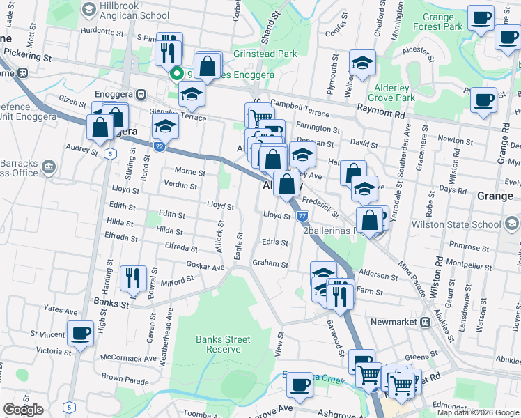 map of restaurants, bars, coffee shops, grocery stores, and more near 41 Lloyd Street in Alderley