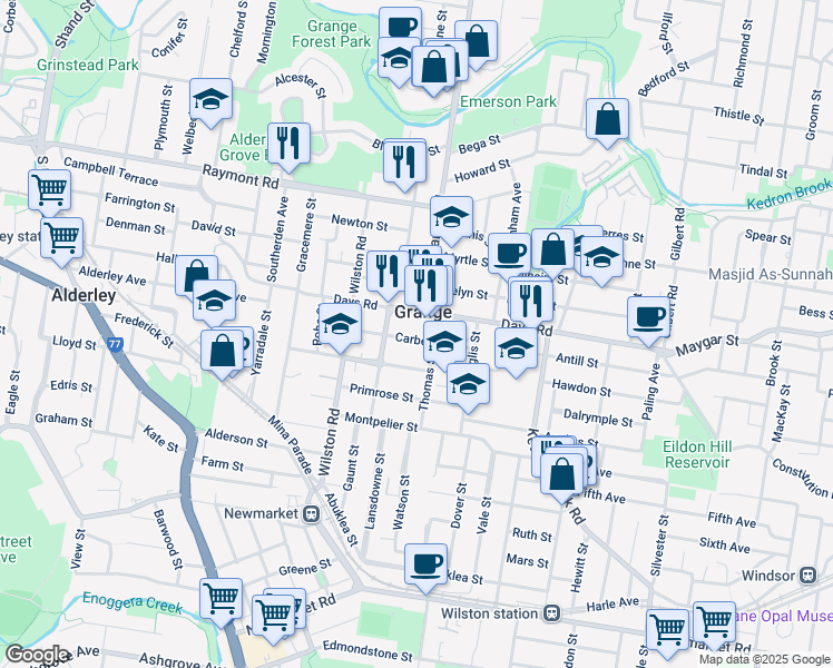map of restaurants, bars, coffee shops, grocery stores, and more near 43 Carberry Street in Grange