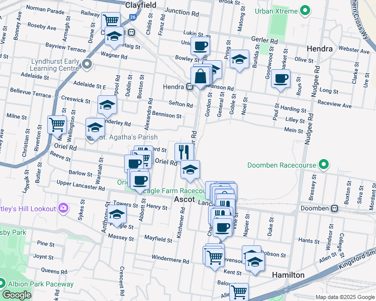map of restaurants, bars, coffee shops, grocery stores, and more near 114 Kitchener Road in Ascot