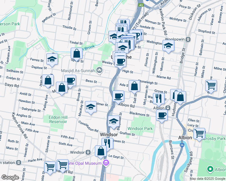 map of restaurants, bars, coffee shops, grocery stores, and more near 381C Lutwyche Road in Windsor