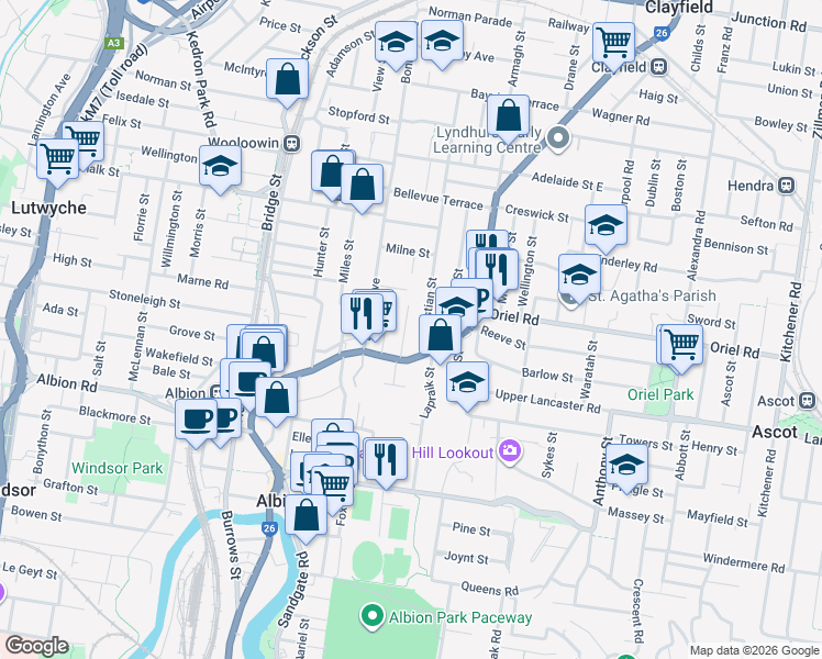 map of restaurants, bars, coffee shops, grocery stores, and more near 19 Marsden Street in Clayfield