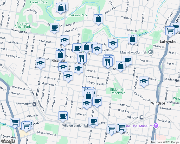 map of restaurants, bars, coffee shops, grocery stores, and more near 17 Antill Street in Wilston