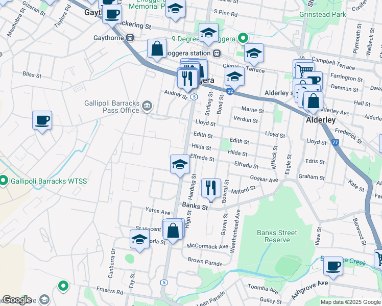 map of restaurants, bars, coffee shops, grocery stores, and more near 129 Elfreda Street in Enoggera