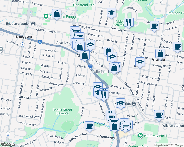 map of restaurants, bars, coffee shops, grocery stores, and more near 43 Beaufort Street in Alderley