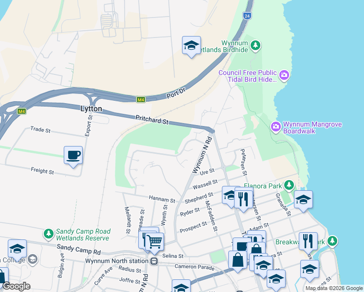 map of restaurants, bars, coffee shops, grocery stores, and more near 23 Constellation Way in Wynnum