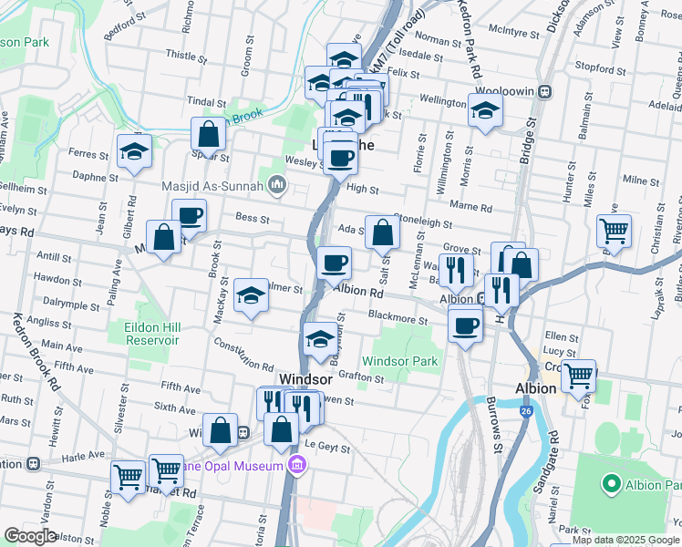 map of restaurants, bars, coffee shops, grocery stores, and more near 11 Fosbery Street in Windsor