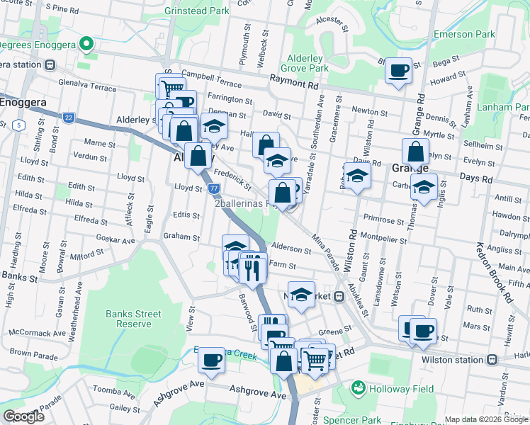 map of restaurants, bars, coffee shops, grocery stores, and more near 66 Moran Street in Alderley