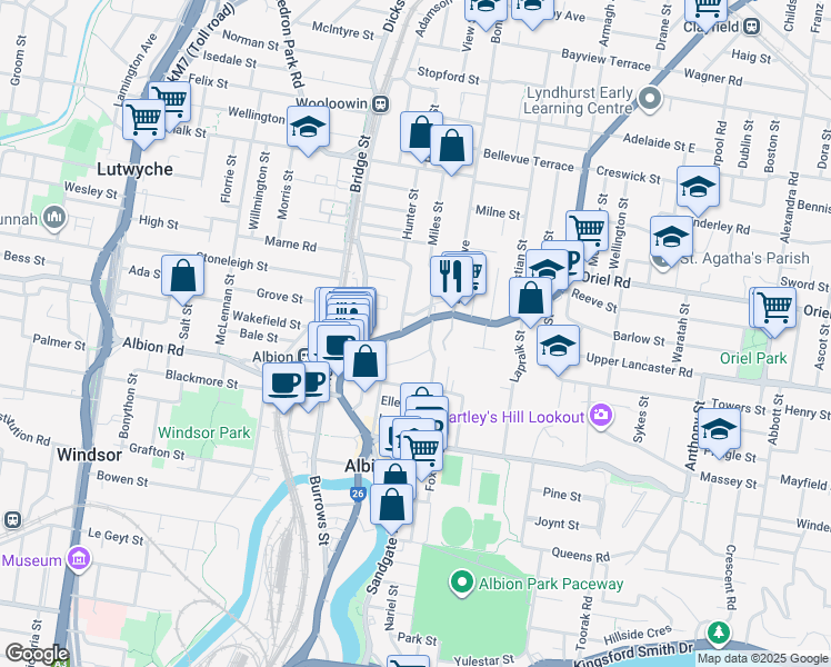 map of restaurants, bars, coffee shops, grocery stores, and more near 421 Sandgate Road in Albion