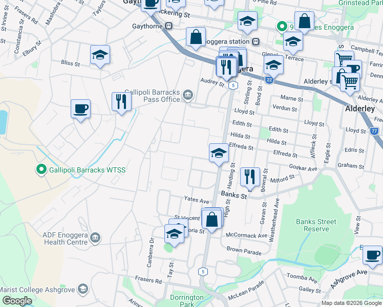 map of restaurants, bars, coffee shops, grocery stores, and more near 47 Browns Dip Road in Enoggera