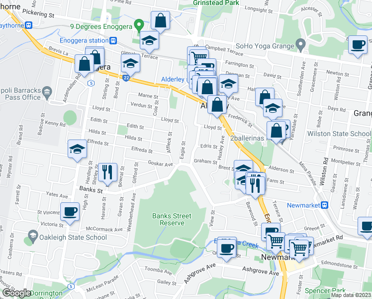 map of restaurants, bars, coffee shops, grocery stores, and more near 21 Eagle Street in Alderley