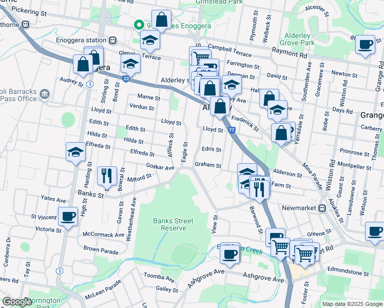 map of restaurants, bars, coffee shops, grocery stores, and more near 21 Eagle Street in Alderley