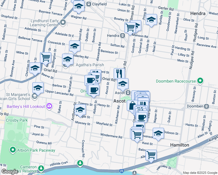 map of restaurants, bars, coffee shops, grocery stores, and more near 31 Ascot Street in Ascot