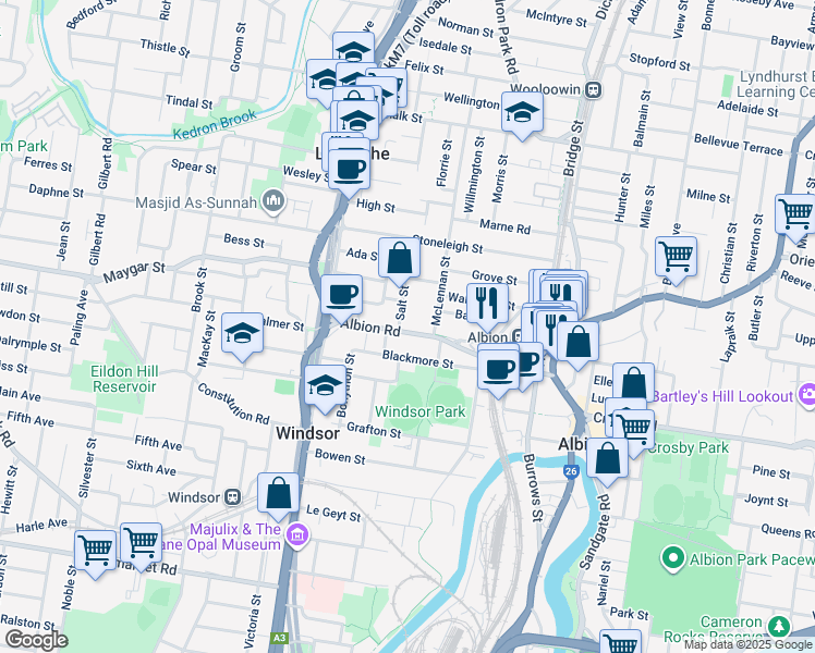 map of restaurants, bars, coffee shops, grocery stores, and more near 119 Albion Road in Windsor