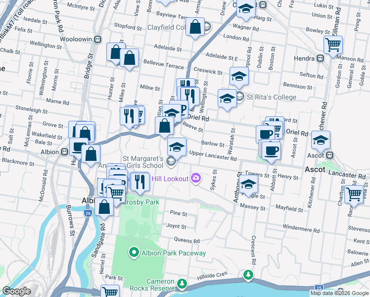 map of restaurants, bars, coffee shops, grocery stores, and more near 18 Kidston Street in Ascot