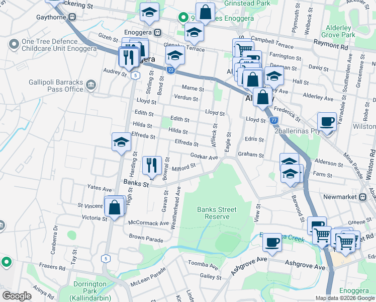 map of restaurants, bars, coffee shops, grocery stores, and more near 45 Goskar Avenue in Alderley